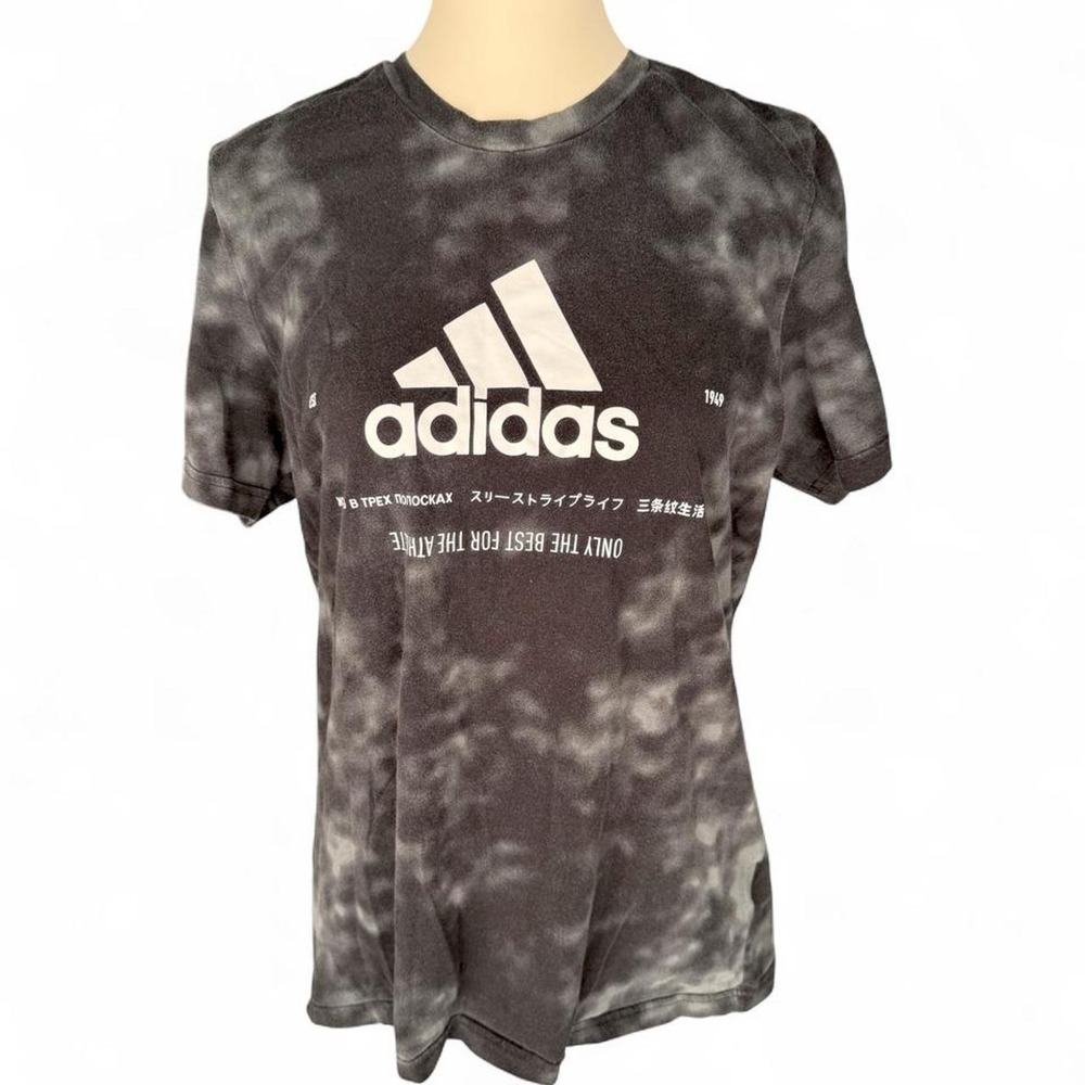 Adidas Mens Large Black Acid Wash Cloud Dye Multilingual Graphic T-Shirt